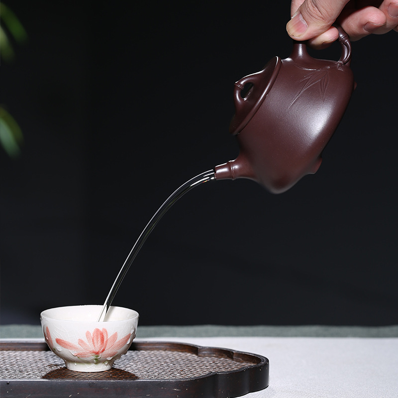 Yixing it pure manual stone gourd ladle undressed ore old purple clay teapot kung fu tea cup teapot bamboo