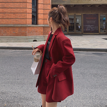 Spring new wine red Net red small suit shorts two-piece female temperament casual Korean loose suit suit suit