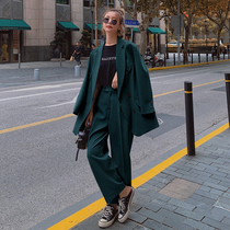 Autumn new dark green net red small suit suit suit female Korean loose temperament casual suit wide leg pants two-piece set