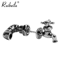 Clear goods 925 silver vintage personality water pipe tap stud earrings hipop couple stud earrings tide (single)