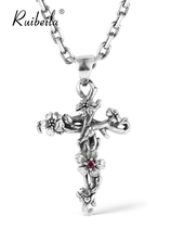 ruibeila925 Silver Vintage Flower Cross Pendant Men and Women Europe and America Vitality Small Necklace Collar Tide