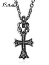 ruibeila925 silver vintage diamond-encrusted cross pendant men and women old dye black hip hop style necklace cool tide