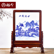 Large red sour branches Chinese table screen wood inlaid green flower porcelain solid wood living room retro style wind wood carving inserts in red wood seat screen hem