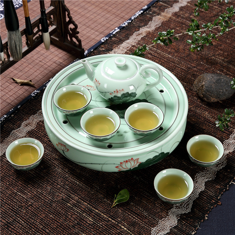 Qiu time household celadon hand - made chaoshan kungfu tea sets tea cup teapot ceramic circle water storage of a complete set of ground