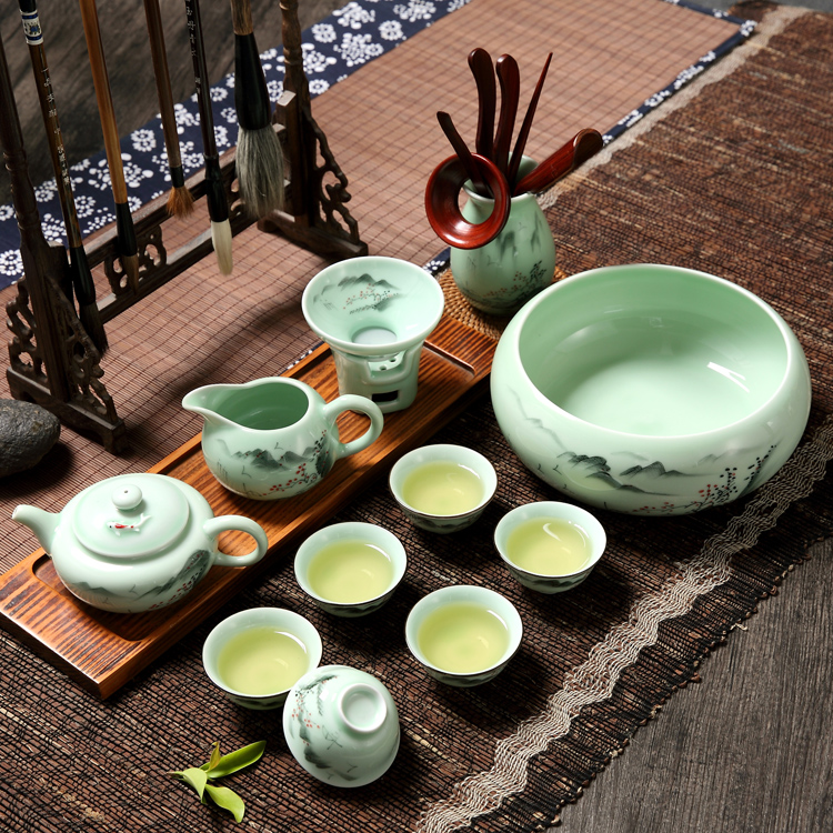 Household longquan celadon ceramics small kung fu tea set ceramic teapot teacup gift set gift suit Chinese style