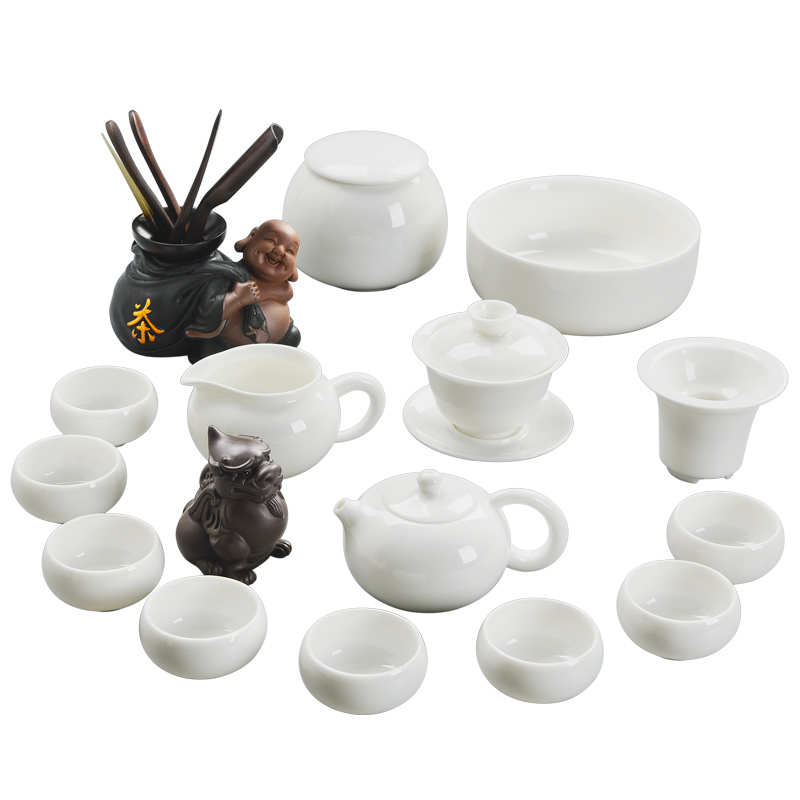Having suet jade porcelain kung fu tea set suit household dehua white porcelain tea set teapot teacup of a complete set of accessories