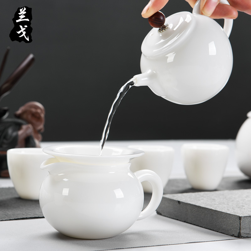 Having suet jade porcelain kung fu tea set suit household dehua white porcelain tea set teapot teacup of a complete set of accessories