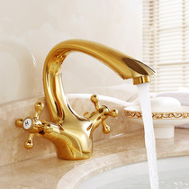 European-style all-copper golden basin faucet Antique hot and cold water bathroom single hole wash basin Bathroom cabinet faucet