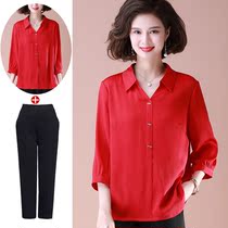Fat Moms Spring Summer New Mulberry Silk Blouse Foreign Air Gats Up For Overweight Middle-aged Female Covered Belted Jersey Real Silk Shirt