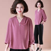 Fat Moms Summer Dress Real Silk Blouse With Wife Wife Middle Aged Woman Big Code Mulberry Silk Suit Mid Sleeve T-shirt