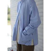 Nobodyknows Japanese stripes cut daily commuter pocket city wind men and women loose long sleeve shirt