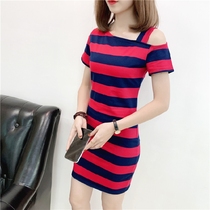 Summer new one-piece dress cotton quality striped sloped neckline Shoulders Sexy Short Sleeve Temperament of the Hip Mid and Hip Mid