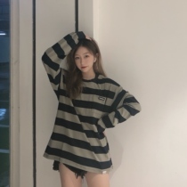 LKSTORE PUNIAMA 19SS Japanese retro thick stripe long sleeve men and women couples loose Tide brand long sleeve