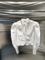 LAGA Temperament Fashion Heavy Work Nail Drilling Pleated Bubble Sleeve Shirt Woman Hot Girl Short sashimi shirt with white lining