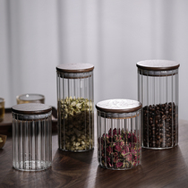 Retro style walnut cover glass tea jar storage tank Japanese vertical pattern transparent sealed tank Miscellaneous grain storage tank
