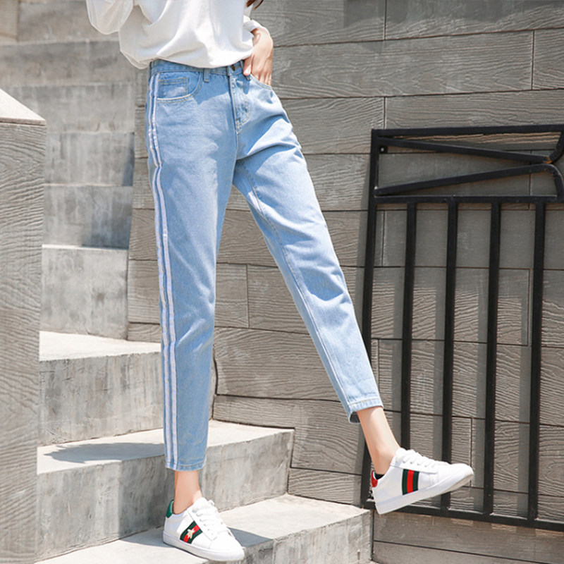 秋季韩版拼接宽松9分牛仔裤女学生复古原宿高腰显瘦直筒哈伦裤子_7折