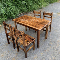 Carbonated Wood Strip Table Restaurant Charcoal Burning Table And Chairs Small Eating Shop Noodle Gallery Solid Wood Table Antique Simple Hot Pot Table Composition