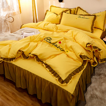 Four-piece set of cotton pure cotton net red lace edge bed skirt Girl heart embroidery bedspread Princess wind bed duvet cover