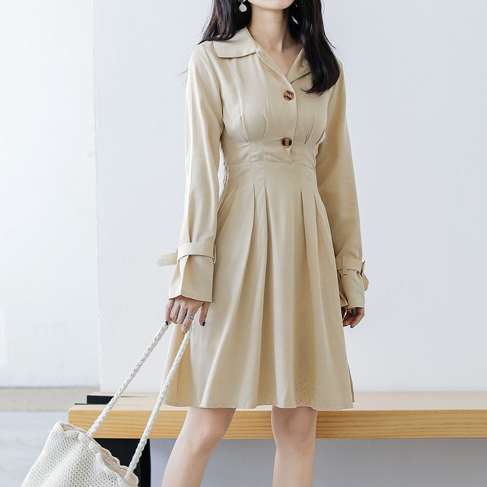 2017十三行女装秋冬季新款韩版天丝棉翻领单排扣长袖连衣裙女q087_不