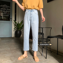 Light blue high waist jeans women's straight loose 2021 new spring and autumn Korean version of retro pants wide leg pants tide