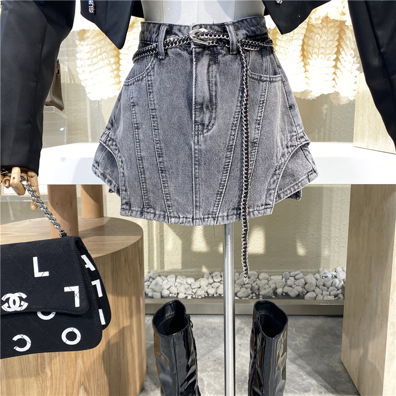 2022 spring new irregular splicing retro high waist display slim anti-walking light shorts jeans skirt with girdle female