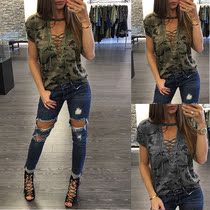 T-shirt sexy camouflage low cut strap short sleeve blouse