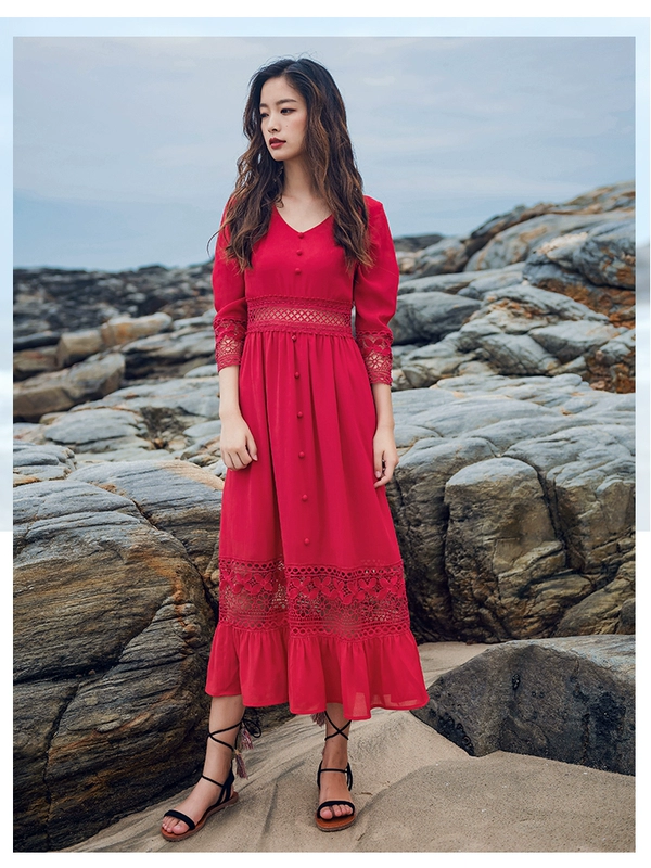 Mùa hè năm 2021 mới của Pháp váy dài Platycodon retro cổ điển, eo cao và tính khí mỏng váy voan đỏ nữ - Váy eo cao