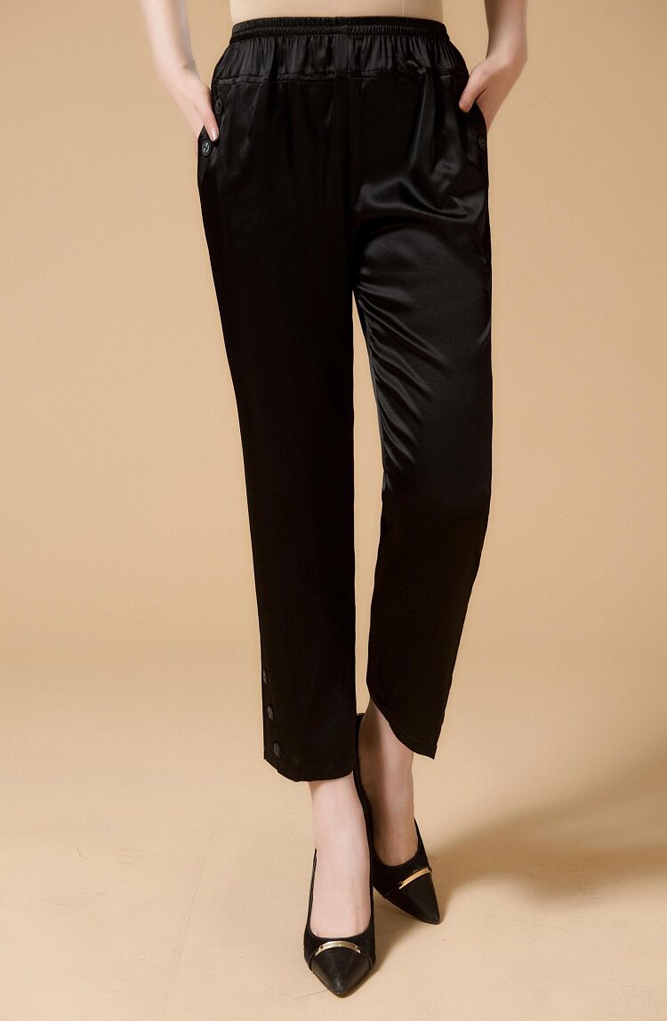 真丝女裤桑蚕丝休闲裤 精品九分裤 松紧腰带兜直筒裤 大码宽臀围_不