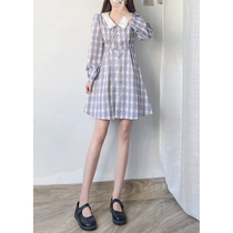 2021 spring new vintage plaid slim dress doll collar temperament long princess dress