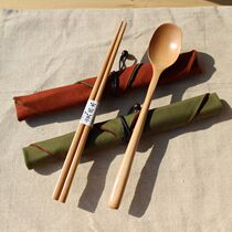 Wooden environmentally friendly chopsticks portable wooden tableware set travel Japanese chopsticks spoon cloth bag spoon chopsticks 3 sets