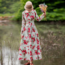 Yingru national wind cotton and hemp dress Womens early autumn printed long dress thin and high temperament Autumn and winter base skirt