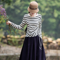 (Snap up 99)Yingru ethnic style literary fan small shirt Striped T-shirt top base shirt womens autumn and winter wild