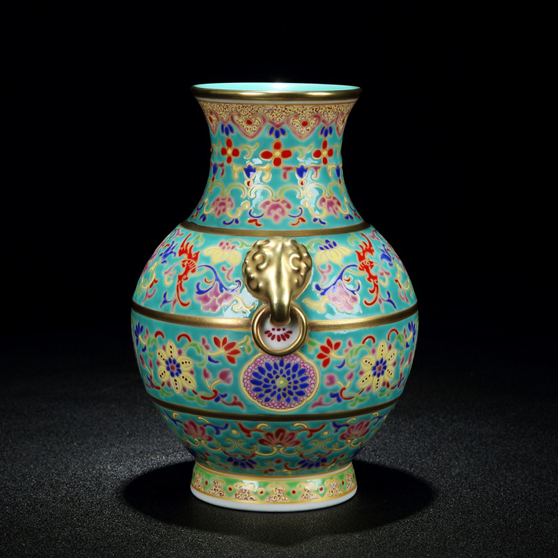Jingdezhen ceramic vase furnishing articles antique hand - made pastel color porcelain enamel elephant bit ring bottle gift classical household
