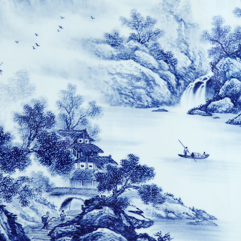 Jingdezhen porcelain plate painting Chinese blue and white solid is hand - made wooden frame, square landscape painting the sitting room is the study of single adornment