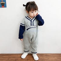 Infant Spring and Autumn Baby Double-layer Cotton Baseball Ha Clothes Climbing Newborns Full Moon Climbing Suit Set