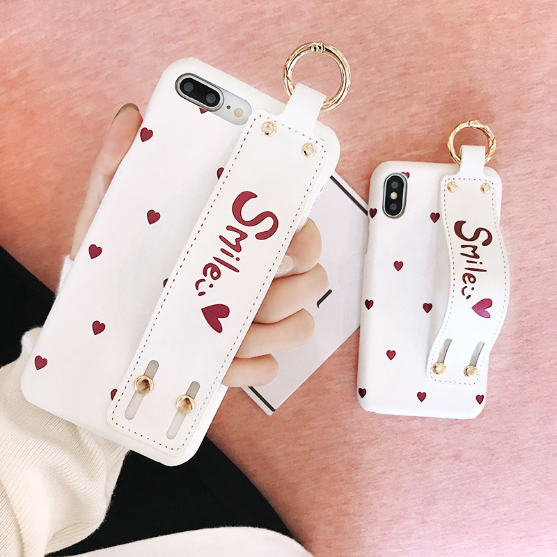 ins风小爱心iPhoneX皮质手腕带手机壳7plus桃