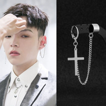 Leroy seven sons with the same cross stud earrings ear bone clip chain earrings single hipster Korean wind no ear pierced ear clip male