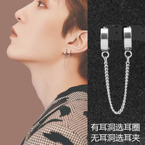 Fan Chengcheng with the same double buckle ear chain earrings asymmetric wild stud earrings drop earrings cold wind titanium steel ear clip men and women