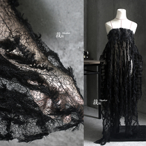 Fancy original irregular hollow black texture mesh lace composite tassel designer fabric transformation