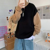 Hong Kong style 2020 new autumn and winter round neck thick sweater mens Korean trend personality fake two pieces of sweater