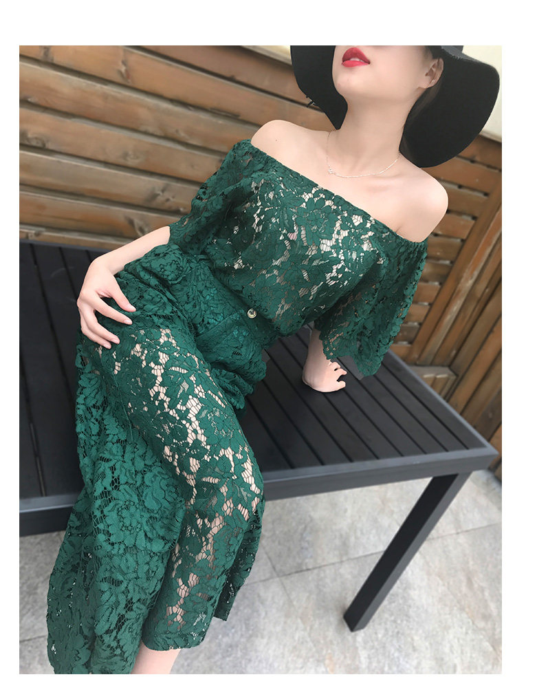 mc欧美女装 明星同款绿色一字肩上衣 喇叭裤时尚套装蕾丝两件套女_7折