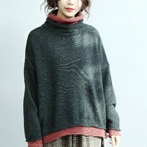 Clear Bicolor Mix Fake two design Baton sleeves Loose Sleeves Hooded Knitwear Cotton Linen