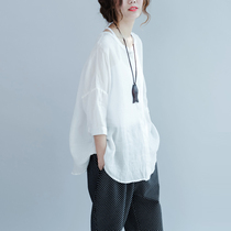 Clear and jade-like button loose and thin cotton linen casual cool shirt white blouses women sunscreen 2021 new