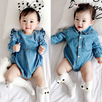 Spring and autumn baby one-piece cotton bag fart clothing Denim brother and sister clothing men and women baby triangle climbing clothes Haiyi