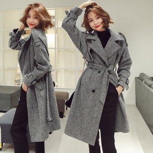 Winter new woolen Chiffon Plaid medium length lace up fashion style ol coat