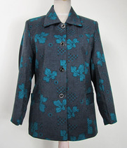 Loan clearance womens casual top aged jacket mother spring autumn coat dark gray printed green leaves