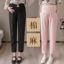 Maternity pants spring and autumn outside wear fashion spring and summer thin nine points pregnant women leggings cotton hemp wide legs summer wear tide mom