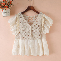 Hollow hook top female summer foreign gown shirt hem ruffle shirt fairy blouse belly cover doll shirt