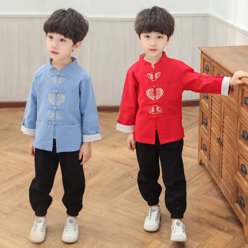 Boys Tang Suit for Kids Boys' Tang costume Chinese wind spring long sleeve suit boy old style children cotton hemp Tang suit children's Han suit