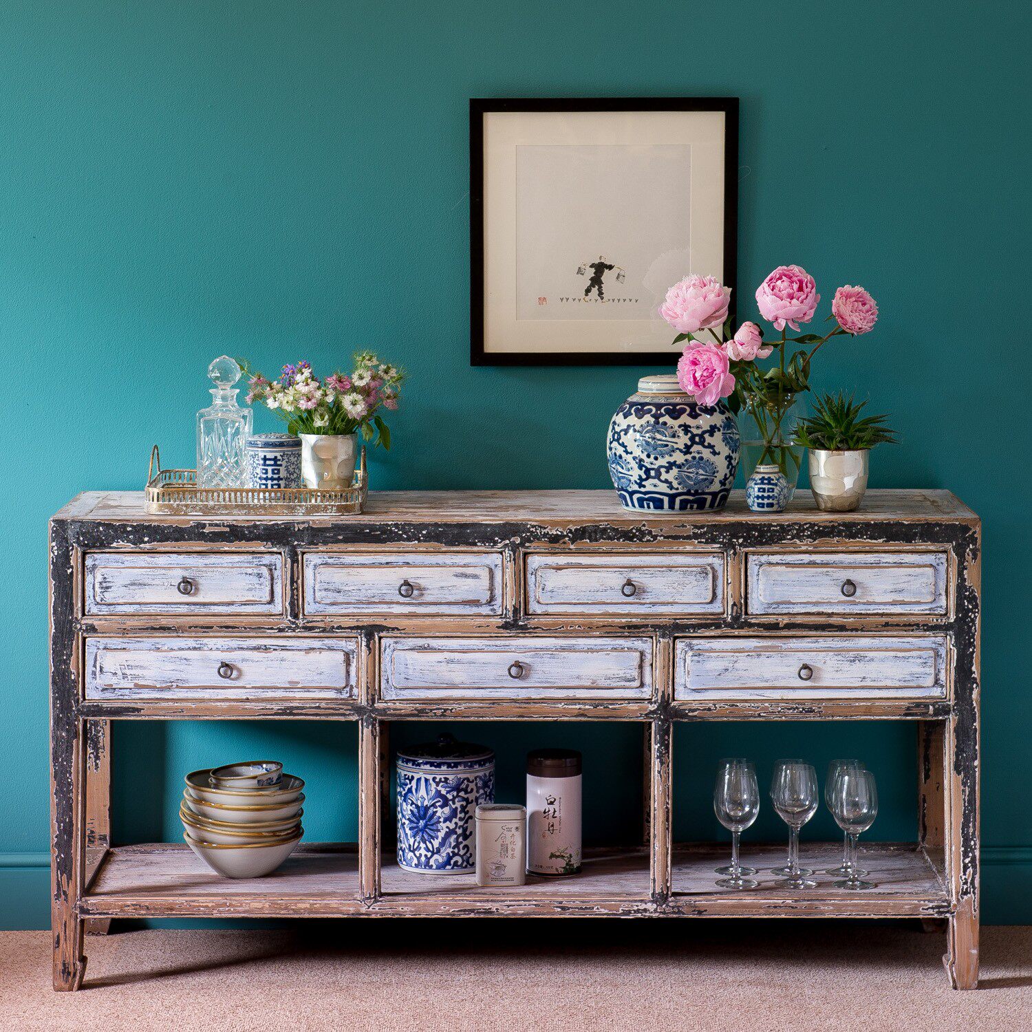 复古餐边柜7屉边柜新中式仿古家具做旧实木储物柜客厅边桌酒水柜_7折